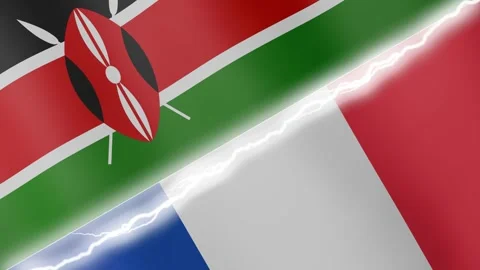 Two waving flags Kenya and France with diagonal lightning 4k loop Stock Footage 329223924