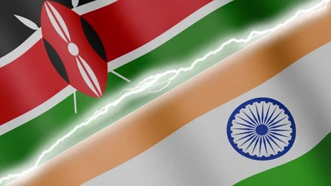 Two waving flags Kenya and India with diagonal lightning 4k loop Stock Footage 329437285