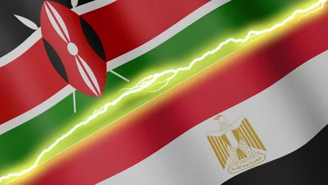 Two waving flags Kenya and Egypt with diagonal lightning, 4k loop Stock Footage 339995805