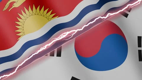Two waving flags Kiribati and South Korea with diagonal lightning 4k loop Stock Footage 328086307