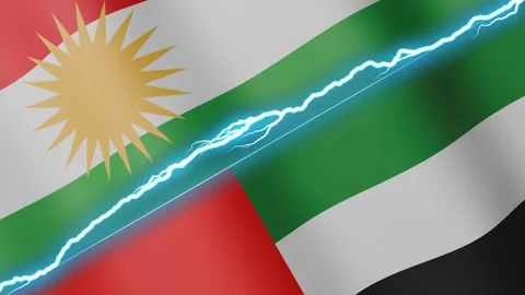Two waving flags Kurdistan and United Arab Emirates with diagonal lightning 4k Stock Footage 333977177
