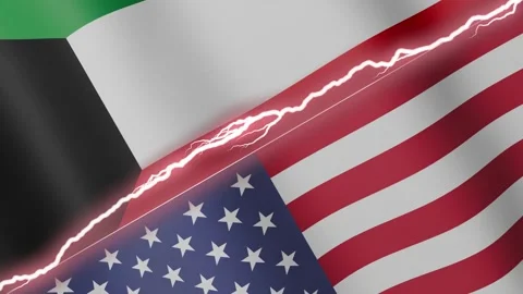 Two waving flags Kuwait and United States with diagonal lightning 4k loop Stock Footage 327665868
