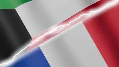 Two waving flags Kuwait and France with diagonal lightning 4k loop Stock Footage 329223929