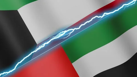 Two waving flags Kuwait and United Arab Emirates with diagonal lightning 4k loop Stock Footage 333977182