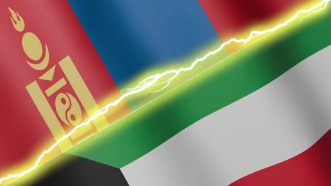 Two waving flags Kuwait and Mongolia with diagonal lightning, 4k loop Stock Footage 338196181