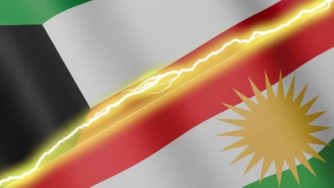 Two waving flags Kuwait and Kurdistan with diagonal lightning, 4k loop Stock Footage 340197855