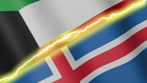 Two waving flags Kuwait and Iceland with diagonal lightning, 4k loop Stock Footage 344265001