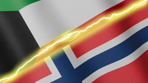 Two waving flags Kuwait and Norway with diagonal lightning, 4k loop Stock Footage 344561904