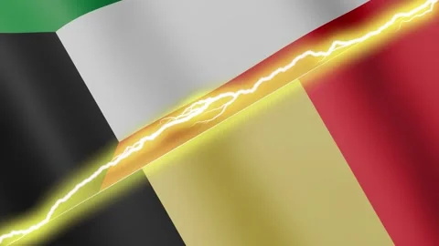 Two waving flags Kuwait and Belgium with diagonal lightning, 4k loop Stock Footage 344803613