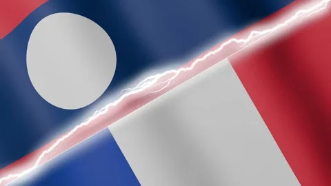 Two waving flags Laos and France with diagonal lightning 4k loop Stock Footage 329223930