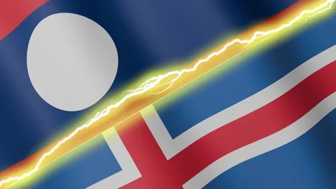 Two waving flags Laos and Iceland with diagonal lightning, 4k loop Stock Footage 344265673
