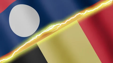 Two waving flags Laos and Belgium with diagonal lightning, 4k loop Stock Footage 344803721
