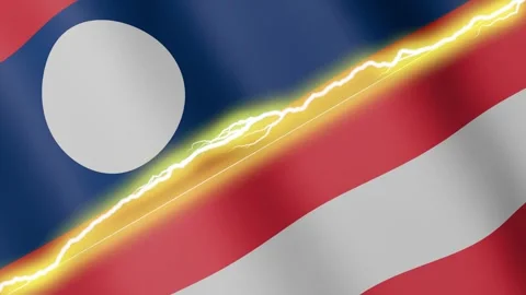 Two waving flags Laos and Austria with diagonal lightning, 4k loop Stock Footage 346014068