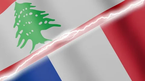 Two waving flags Lebanon and France with diagonal lightning 4k loop Stock Footage 329223934