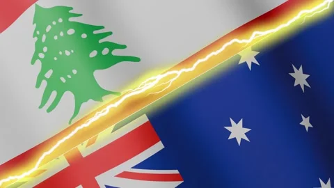 Two waving flags Lebanon and Australia with diagonal lightning 4k loop Stock Footage 329856550