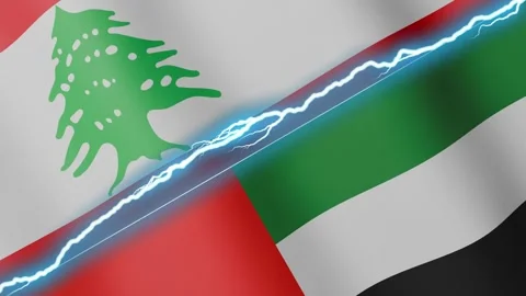 Two waving flags Lebanon and United Arab Emirates with diagonal lightning 4k Stock Footage 333977183