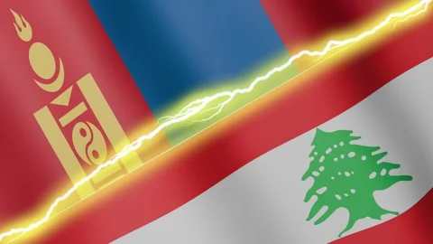 Two waving flags Lebanon and Mongolia with diagonal lightning, 4k loop Stock Footage 338196194