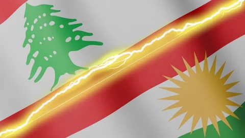 Two waving flags Lebanon and Kurdistan with diagonal lightning, 4k loop Stock Footage 340197899