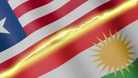 Two waving flags Liberia and Kurdistan with diagonal lightning, 4k loop Stock Footage 340197877