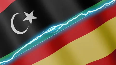 Two waving flags Libya and Spain with diagonal lightning 4k loop Stock Footage 332669052