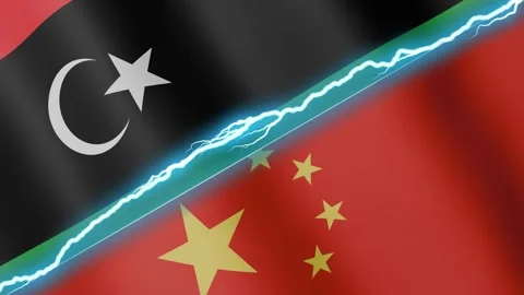 Two waving flags Libya and China with diagonal lightning 4k loop Stock Footage 333520472