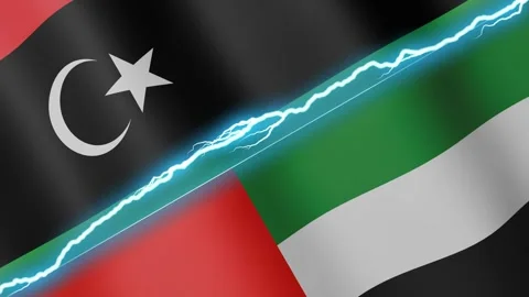 Two waving flags Libya and United Arab Emirates with diagonal lightning 4k loop Stock Footage 333977186
