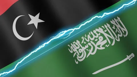 Two waving flags Libya and Saudi Arabia with diagonal lightning 4k loop Stock Footage 334030466