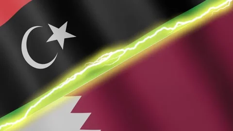 Two waving flags Libya and Qatar with diagonal lightning 4k loop Stock-Footage 336164498
