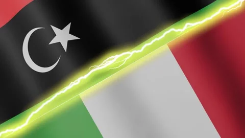 Two waving flags Libya and Italy with diagonal lightning 4k loop Stock-Footage 337323495