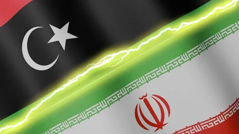 Two waving flags Libya and Iran with diagonal lightning, 4k loop Stock-Footage 337875839