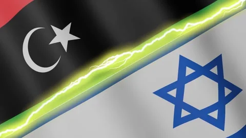 Two waving flags Libya and Israel with diagonal lightning, 4k loop Stock-Footage 338183378