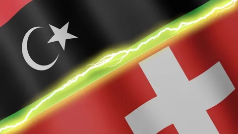Two waving flags Libya and Switzerland with diagonal lightning, 4k loop Stock-Footage 339472160