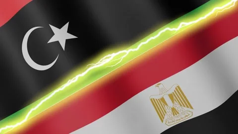 Two waving flags Libya and Egypt with diagonal lightning, 4k loop Stock Footage 339995854