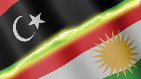 Two waving flags Libya and Kurdistan with diagonal lightning, 4k loop Stock Footage 340197883