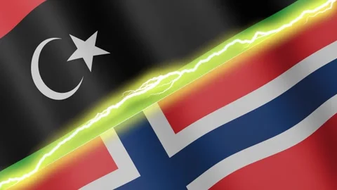 Two waving flags Libya and Norway with diagonal lightning, 4k loop Stock Footage 344562426