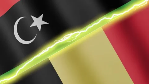 Two waving flags Libya and Belgium with diagonal lightning, 4k loop Stock Footage 344803813