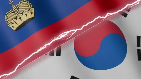 Two waving flags Liechtenstein and South Korea with diagonal lightning 4k loop Stock Footage 328086346