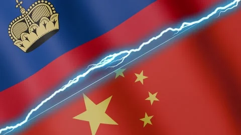 Two waving flags Liechtenstein and China with diagonal lightning 4k loop Stock Footage 333520473