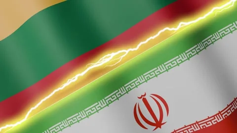 Two waving flags Liechtenstein and Iran with diagonal lightning, 4k loop Stock Footage 337875847