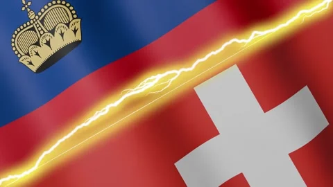Two waving flags Liechtenstein and Switzerland with diagonal lightning, 4k loop Stock Footage 339472151