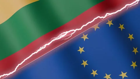Two waving flags Lithuania and European Union with diagonal lightning, 4k loop Stock Footage 327661732