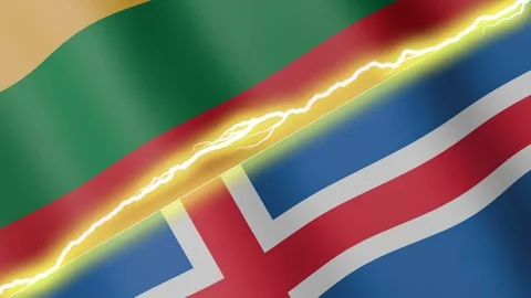 Two waving flags Lithuania and Iceland with diagonal lightning, 4k loop Stock Footage 344283713