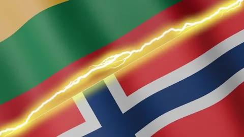 Two waving flags Lithuania and Norway with diagonal lightning, 4k loop Stock Footage 344562806