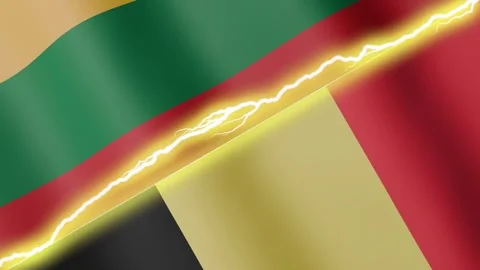 Two waving flags Lithuania and Belgium with diagonal lightning, 4k loop Stock Footage 344806040