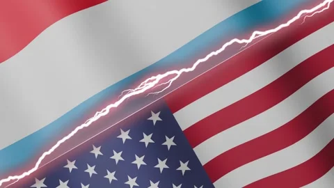 Two waving flags Luxembourg and United States with diagonal lightning 4k loop Stock Footage 327665965