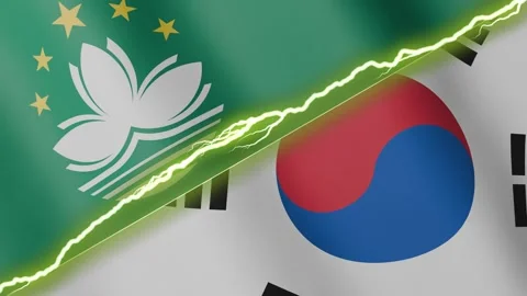 Two waving flags Macau and South Korea with diagonal lightning 4k loop Stock Footage 328086352