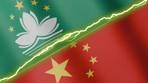 Two waving flags Macau and China with diagonal lightning 4k loop Stock Footage 328653397