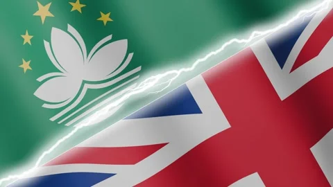Two waving flags Macau and United Kingdom with diagonal lightning, 4k loop Stock Footage 329027170
