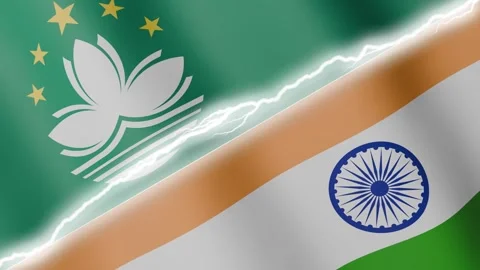 Two waving flags Macau and India with diagonal lightning 4k loop Stock Footage 329437308