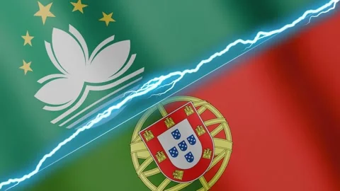 Two waving flags Macau and Portugal with diagonal lightning 4k loop Stock Footage 333315522